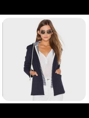Cynthia Rowley Navy Blazer With Striped Insert And Removable Hoodie. Small